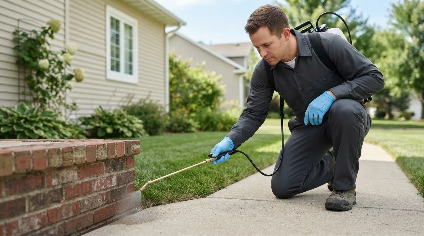 Pest control technician treating a home near Mebane, NC