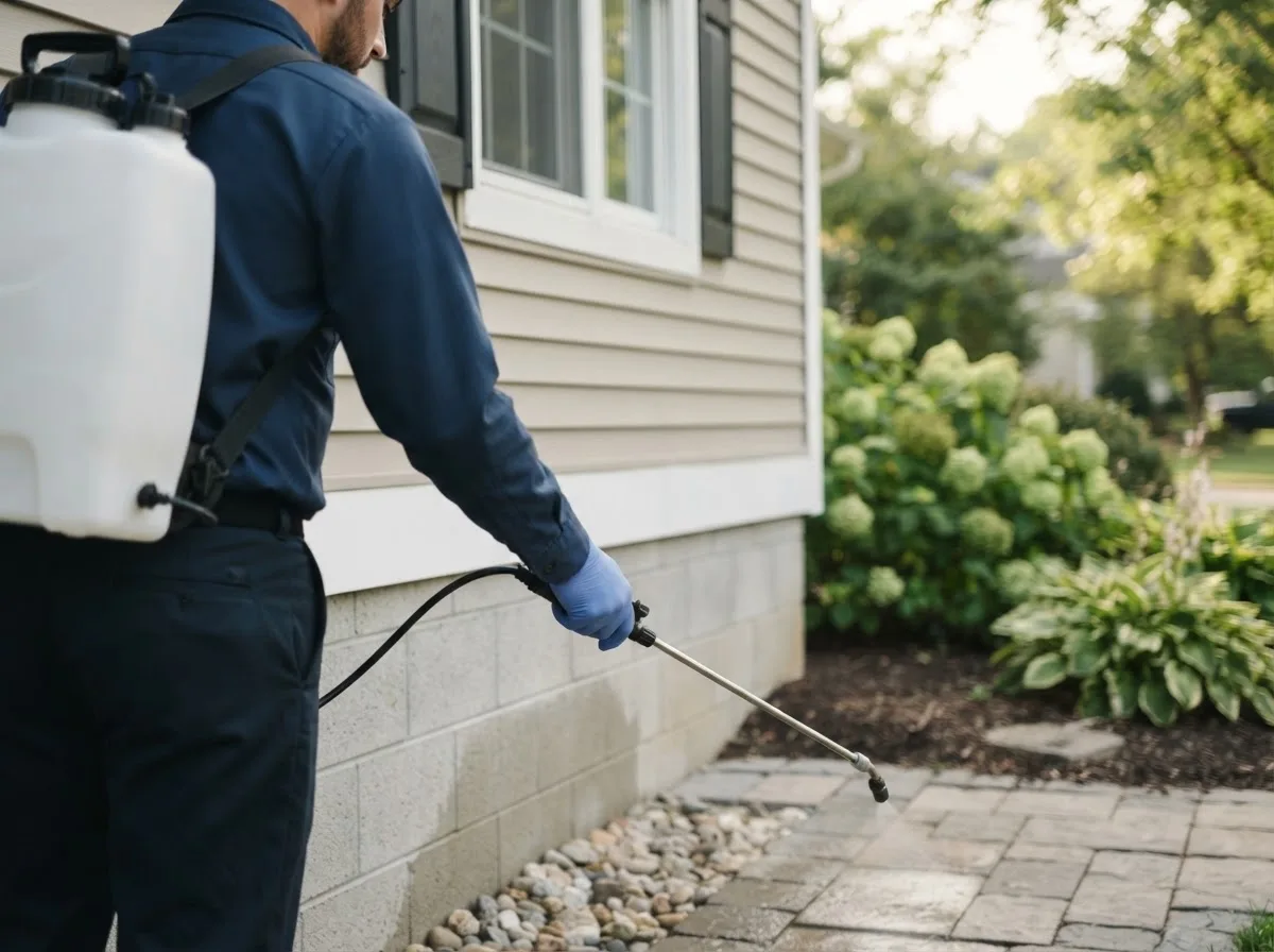 Pest control technician inspecting a home in Mebane, NC